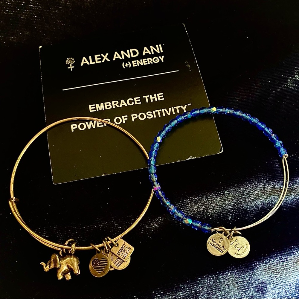 Alex & Ani Bangles Elephant Charm & Blue Swarovski Crystal Beads Bracelets